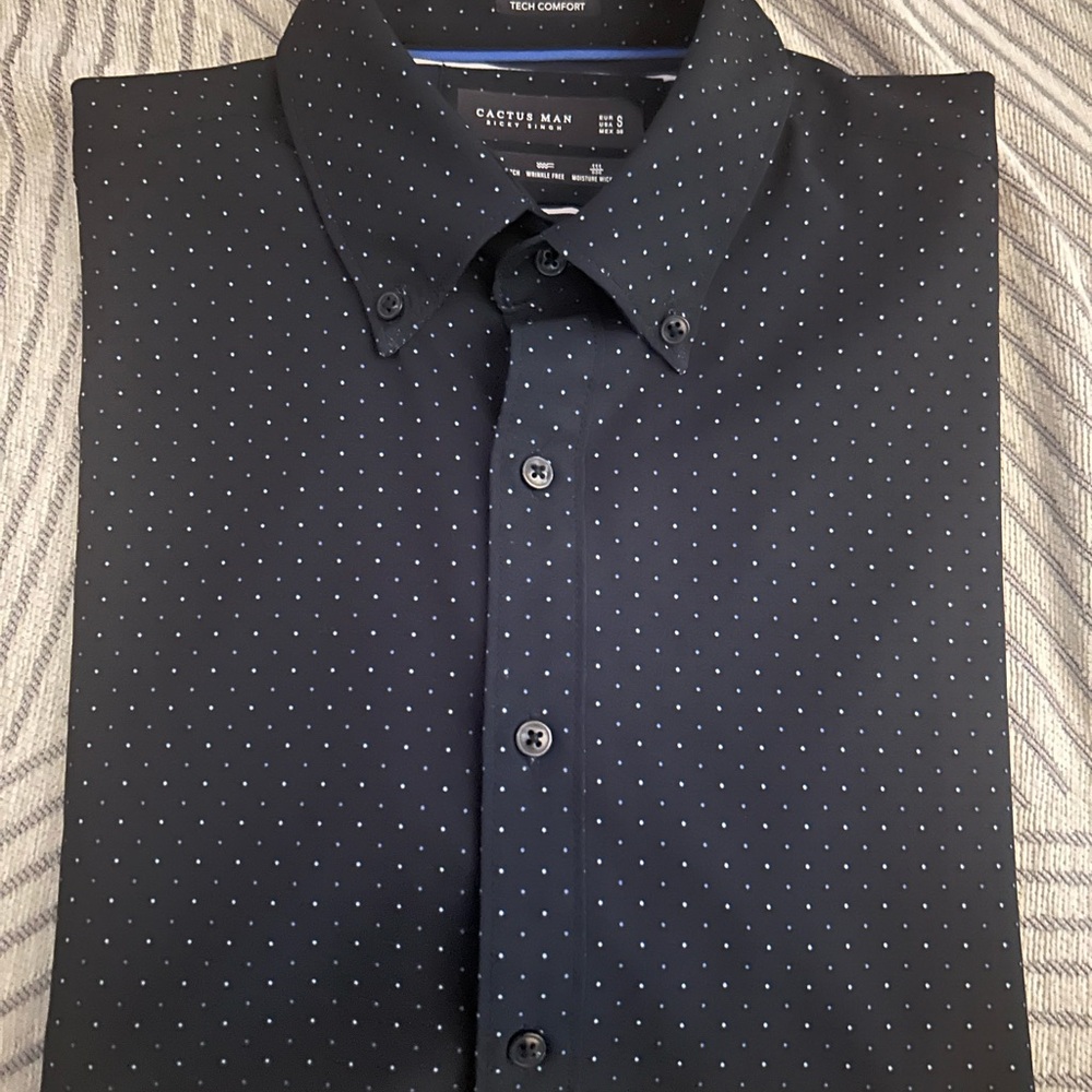 Cactus Navy Button-Down Shirt with Tiny White and Blue Dots